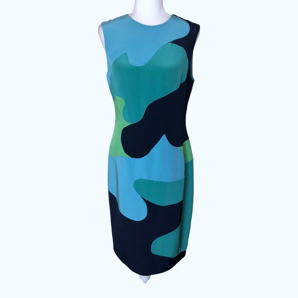 Lela Rose Silk Dress Size 10 Sleeveless Sheath Blue Green Abstract Cocktail - Picture 1 of 16